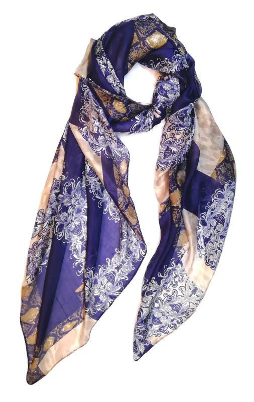 Scarf 100% Silk Paj Festive Colorful Navy Blue Grey